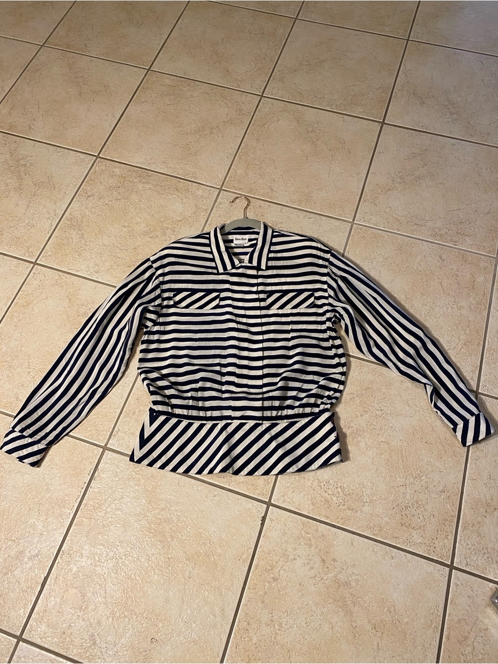 Vintage Neiman Marcus 100% Silk Navy and White Striped Long-Sleeve Blouse